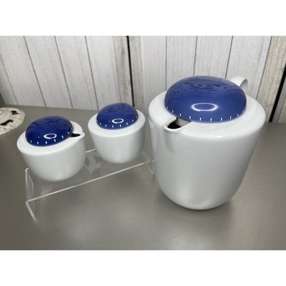 Dansk Ditto Teapot Coffee Pot + Cream & Sugar Blue and White Modernist Set - Picture 1 of 6